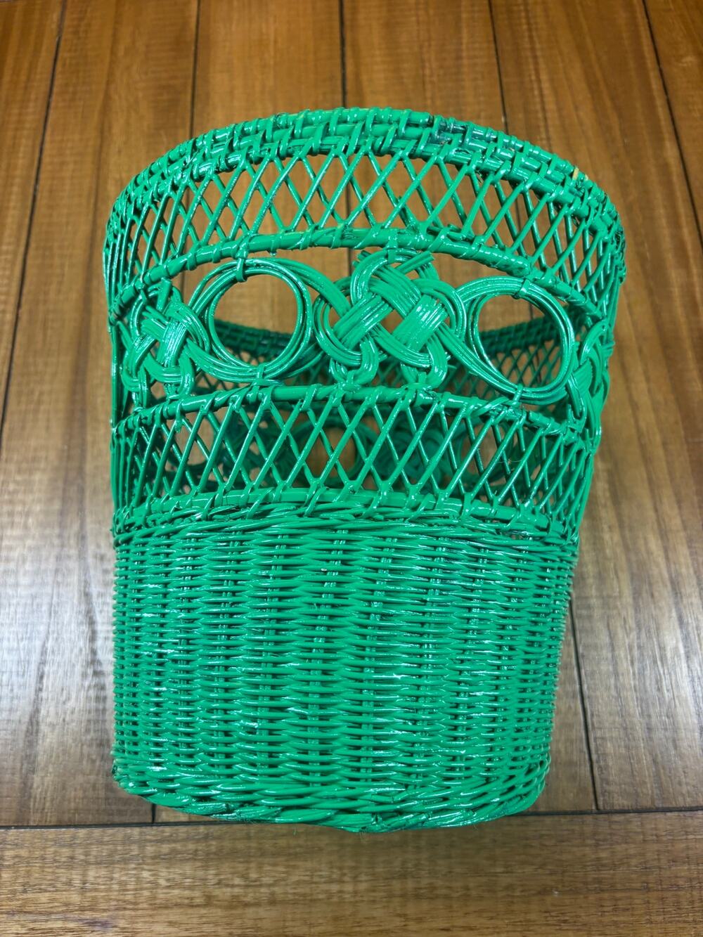 Green Wicker Wastebasket Planter Vintage Trash Can Shabby Chic Cottage BOHO